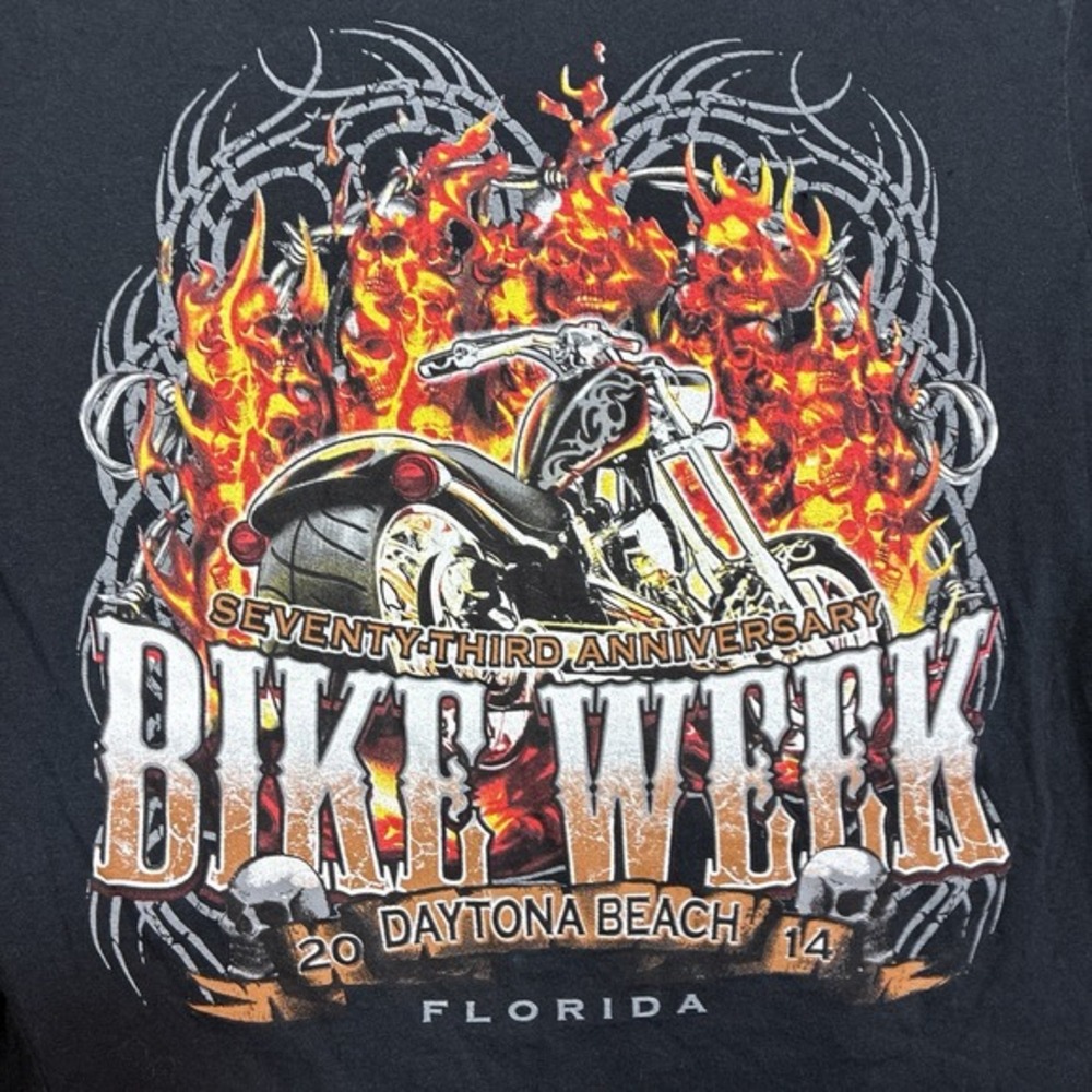 Bike Week Daytona Beach 2014 Biker Rally Shirt Men Large Black Flames‎ Skull